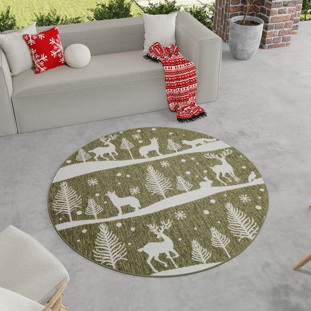 Seasonal Festive Green 7' 10 x 7' 10 Outdoor Holiday Round Area Rug Weather Resistant for Patio, Deck, Terrace, Balcony, Porch