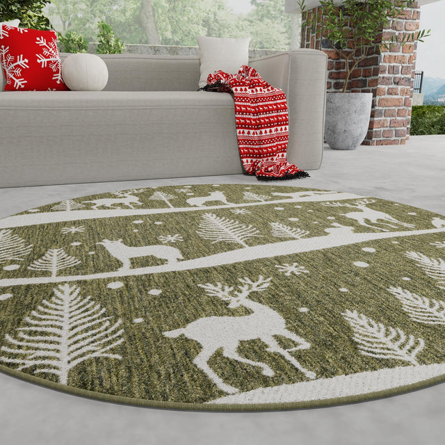 Seasonal Festive Green 7' 10 x 7' 10 Outdoor Holiday Round Area Rug Weather Resistant for Patio, Deck, Terrace, Balcony, Porch