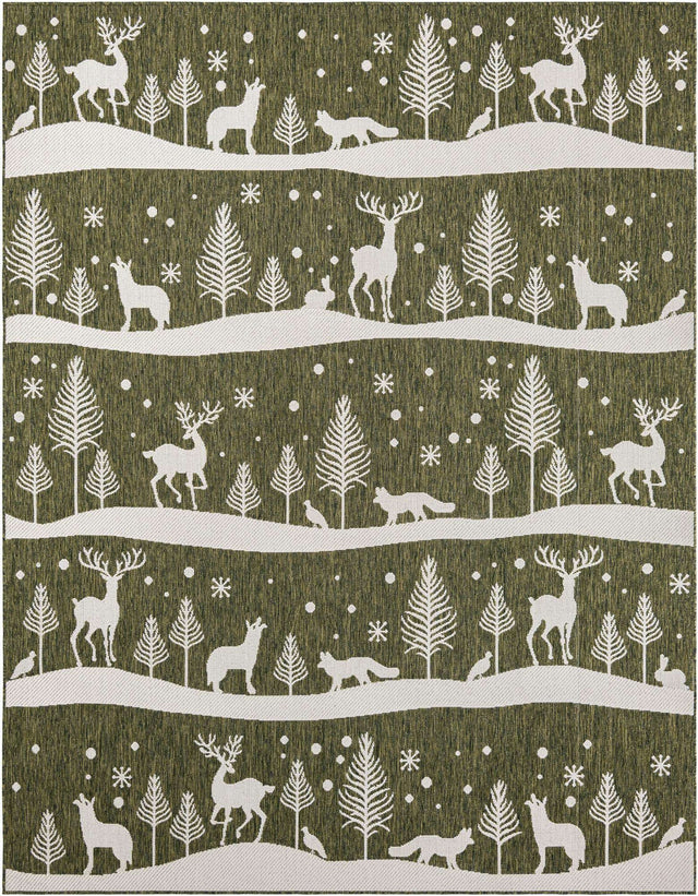 Seasonal Festive Green 7' 10 x 10' Outdoor Holiday Rectangle Area Rug Weather Resistant for Patio, Deck, Terrace, Balcony, Porch