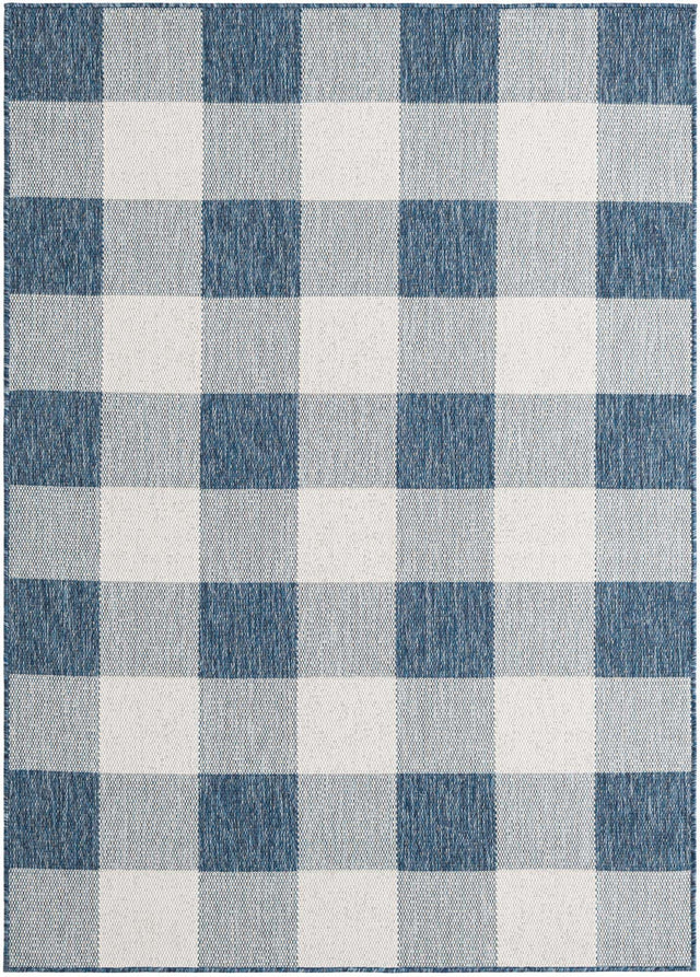 Blue 5' 3 x 7' 1 Outdoor Checkered Rectangle Area Rug Weather Resistant for Patio, Deck, Terrace, Balcony, Porch 100% Polypropylene Geometric Carpet for Sale at Rug Engine