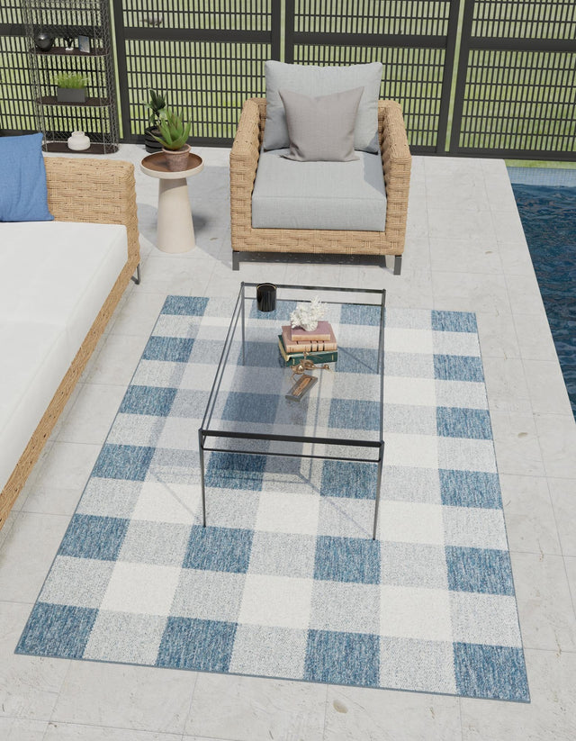 Blue 4' 1 x 6' 1 Outdoor Checkered Rectangle Area Rug Weather Resistant for Patio, Deck, Terrace, Balcony, Porch 100% Polypropylene Geometric Carpet for Sale at Rug Engine