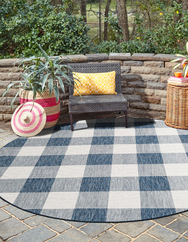 Blue 7' 10 x 7' 10 Outdoor Checkered Round Area Rug Weather Resistant for Patio, Deck, Terrace, Balcony, Porch 100% Polypropylene Geometric Carpet for Sale at Rug Engine