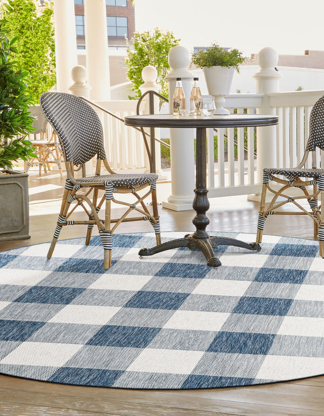 Blue 7' 10 x 7' 10 Outdoor Checkered Round Area Rug Weather Resistant for Patio, Deck, Terrace, Balcony, Porch 100% Polypropylene Geometric Carpet for Sale at Rug Engine