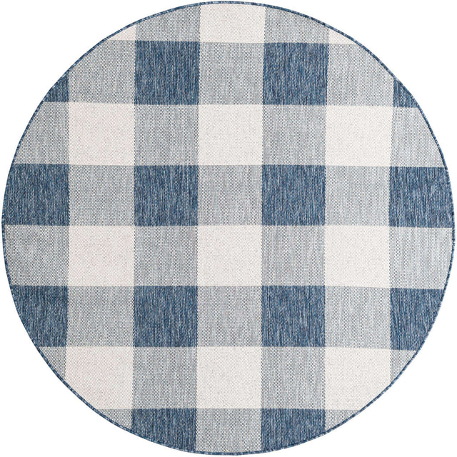 Blue 6' 1 x 6' 1 Outdoor Checkered Round Area Rug Weather Resistant for Patio, Deck, Terrace, Balcony, Porch 100% Polypropylene Geometric Carpet for Sale at Rug Engine