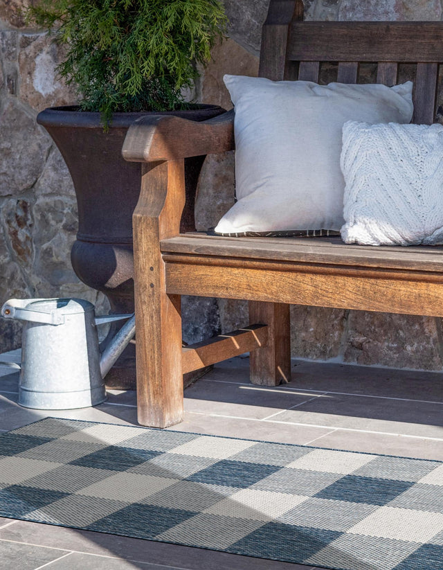 Blue 2' x 5' 3 Outdoor Checkered Runner Area Rug Weather Resistant for Patio, Deck, Terrace, Balcony, Porch 100% Polypropylene Geometric Carpet for Sale at Rug Engine