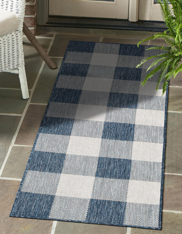 Blue 2' 7 x 12' Outdoor Checkered Runner Area Rug Weather Resistant for Patio, Deck, Terrace, Balcony, Porch 100% Polypropylene Geometric Carpet for Sale at Rug Engine