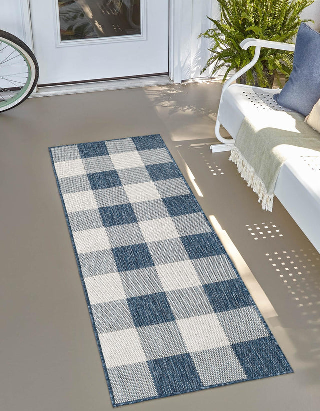 Blue 2' 7 x 12' Outdoor Checkered Runner Area Rug Weather Resistant for Patio, Deck, Terrace, Balcony, Porch 100% Polypropylene Geometric Carpet for Sale at Rug Engine