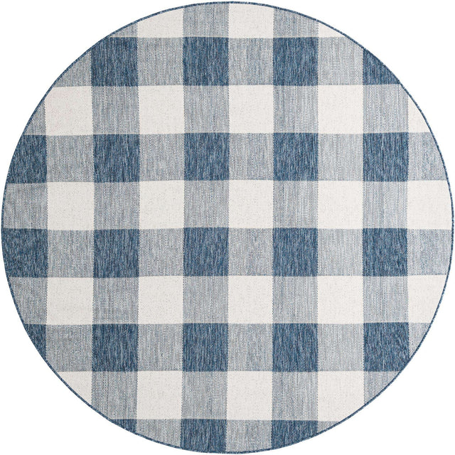 Blue 7' 10 x 7' 10 Outdoor Checkered Round Area Rug Weather Resistant for Patio, Deck, Terrace, Balcony, Porch 100% Polypropylene Geometric Carpet for Sale at Rug Engine