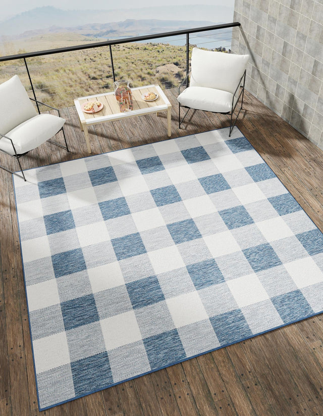 Blue 10' x 10' Outdoor Checkered Square Area Rug Weather Resistant for Patio, Deck, Terrace, Balcony, Porch 100% Polypropylene Geometric Carpet for Sale at Rug Engine