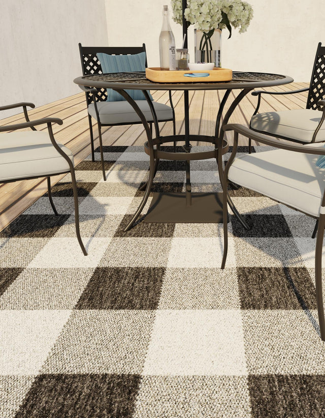 Black and White 4' 1 x 6' 1 Outdoor Checkered Rectangle Area Rug Weather Resistant for Patio, Deck, Terrace, Balcony, Porch 100% Polypropylene Geometric Carpet for Sale at Rug Engine