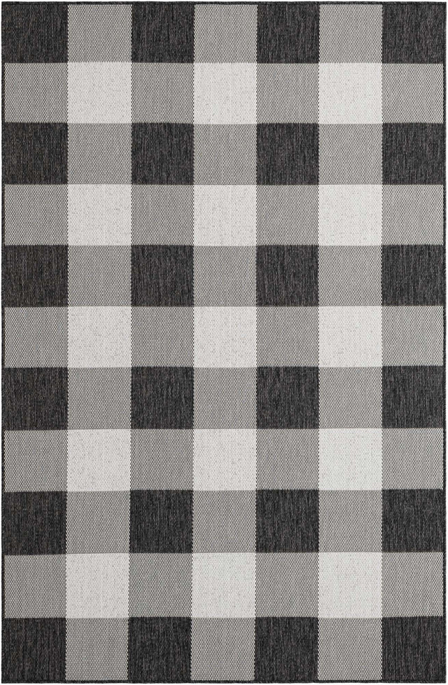 Black and White 5' 3 x 8' Outdoor Checkered Rectangle Area Rug Weather Resistant for Patio, Deck, Terrace, Balcony, Porch 100% Polypropylene Geometric Carpet for Sale at Rug Engine