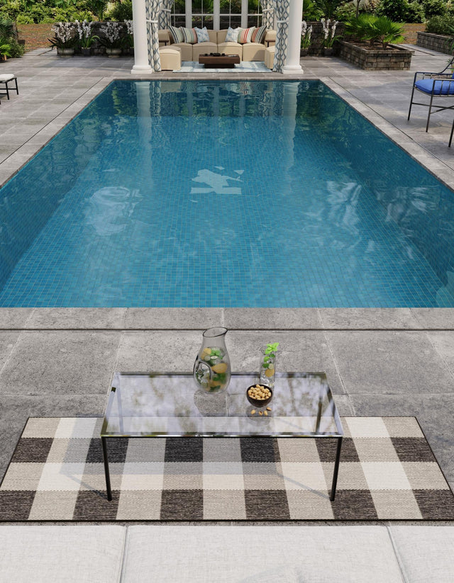 Black and White 2' 7 x 12' Outdoor Checkered Runner Area Rug Weather Resistant for Patio, Deck, Terrace, Balcony, Porch 100% Polypropylene Geometric Carpet for Sale at Rug Engine