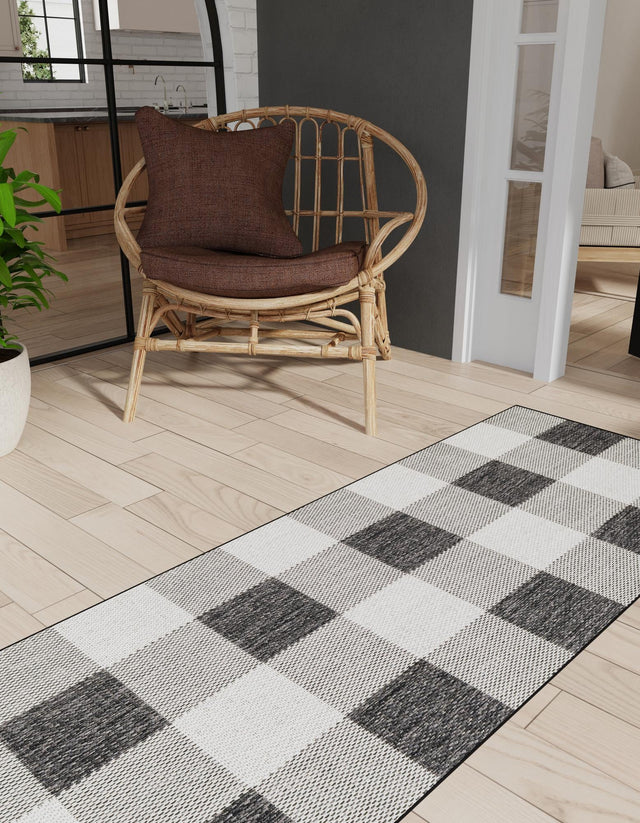 Black and White 2' x 8' Outdoor Checkered Runner Area Rug Weather Resistant for Patio, Deck, Terrace, Balcony, Porch 100% Polypropylene Geometric Carpet for Sale at Rug Engine