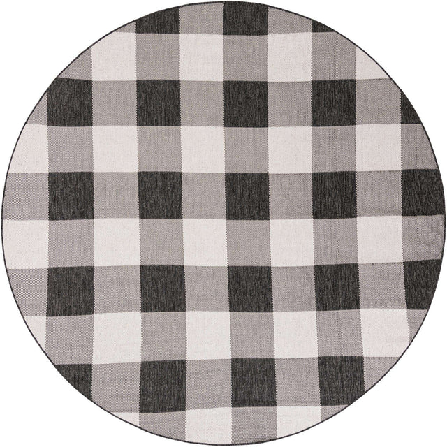 Black and White 7' 10 x 7' 10 Outdoor Checkered Round Area Rug Weather Resistant for Patio, Deck, Terrace, Balcony, Porch 100% Polypropylene Geometric Carpet for Sale at Rug Engine