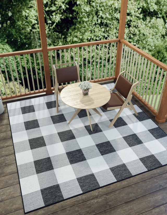 Black and White 7' 10 x 7' 10 Outdoor Checkered Square Area Rug Weather Resistant for Patio, Deck, Terrace, Balcony, Porch 100% Polypropylene Geometric Carpet for Sale at Rug Engine