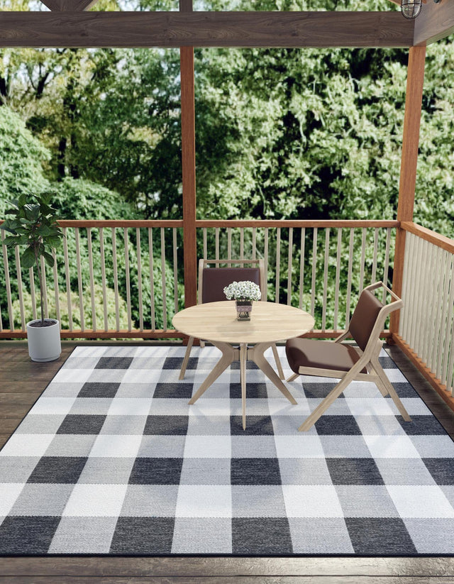 Black and White 7' 10 x 7' 10 Outdoor Checkered Square Area Rug Weather Resistant for Patio, Deck, Terrace, Balcony, Porch 100% Polypropylene Geometric Carpet for Sale at Rug Engine