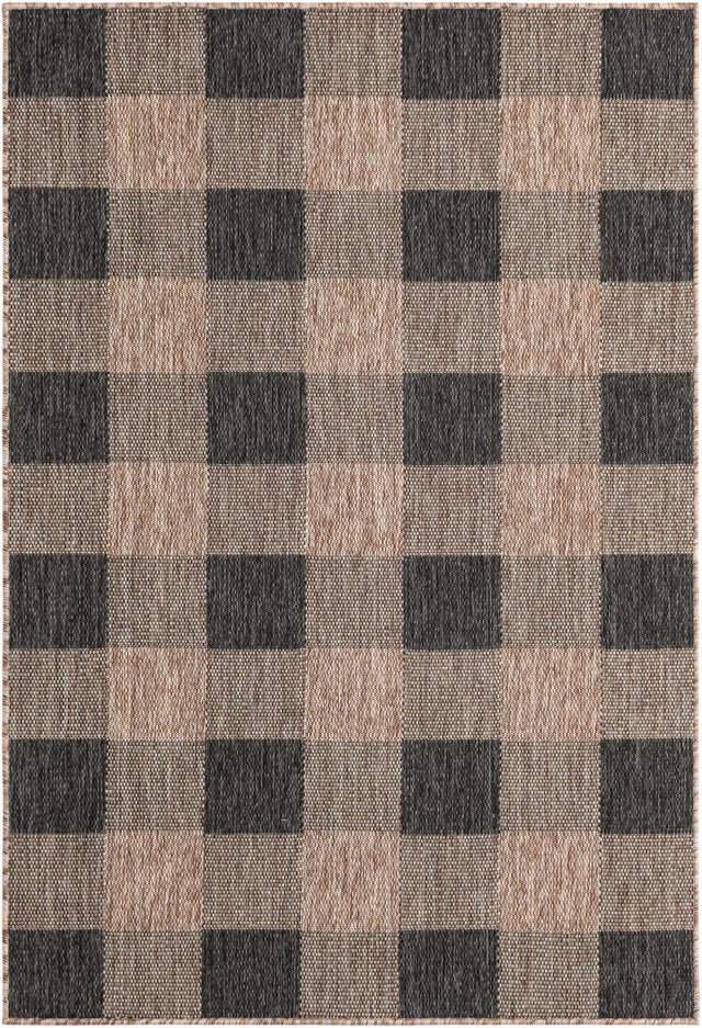 Black and Brown 4' 1 x 6' 1 Outdoor Checkered Rectangle Area Rug Weather Resistant for Patio, Deck, Terrace, Balcony, Porch 100% Polypropylene Geometric Carpet for Sale at Rug Engine