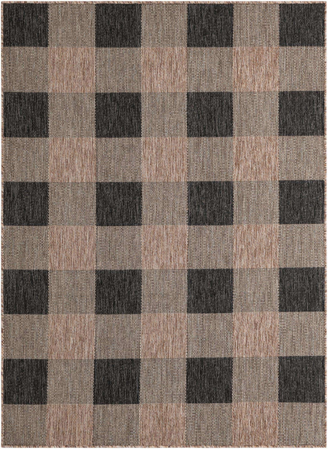 Black and Brown 5' 3 x 7' 1 Outdoor Checkered Rectangle Area Rug Weather Resistant for Patio, Deck, Terrace, Balcony, Porch 100% Polypropylene Geometric Carpet for Sale at Rug Engine
