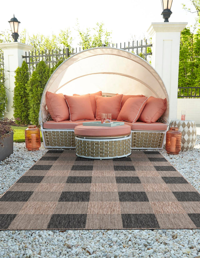 Black and Brown 4' 1 x 6' 1 Outdoor Checkered Rectangle Area Rug Weather Resistant for Patio, Deck, Terrace, Balcony, Porch 100% Polypropylene Geometric Carpet for Sale at Rug Engine