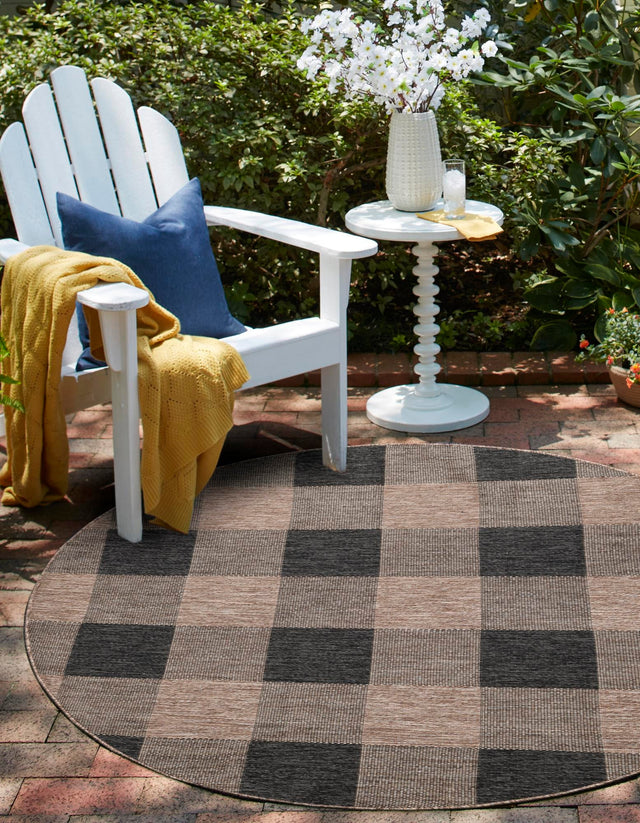 Black and Brown 3' 1 x 3' 1 Outdoor Checkered Round Area Rug Weather Resistant for Patio, Deck, Terrace, Balcony, Porch 100% Polypropylene Geometric Carpet for Sale at Rug Engine