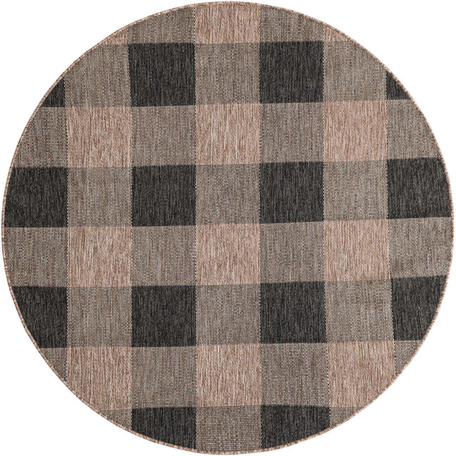 Black and Brown 6' 1 x 6' 1 Outdoor Checkered Round Area Rug Weather Resistant for Patio, Deck, Terrace, Balcony, Porch 100% Polypropylene Geometric Carpet for Sale at Rug Engine
