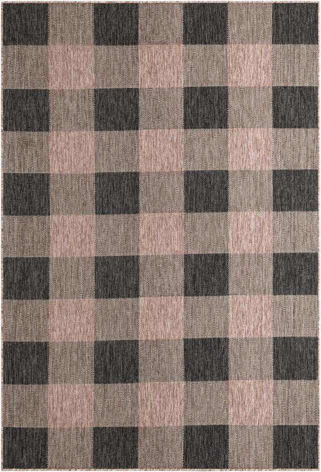 Black and Brown 6' 1 x 9' Outdoor Checkered Rectangle Area Rug Weather Resistant for Patio, Deck, Terrace, Balcony, Porch 100% Polypropylene Geometric Carpet for Sale at Rug Engine