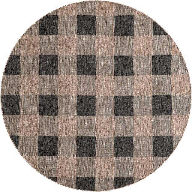Black and Brown 7' 10 x 7' 10 Outdoor Checkered Round Area Rug Weather Resistant for Patio, Deck, Terrace, Balcony, Porch 100% Polypropylene Geometric Carpet for Sale at Rug Engine