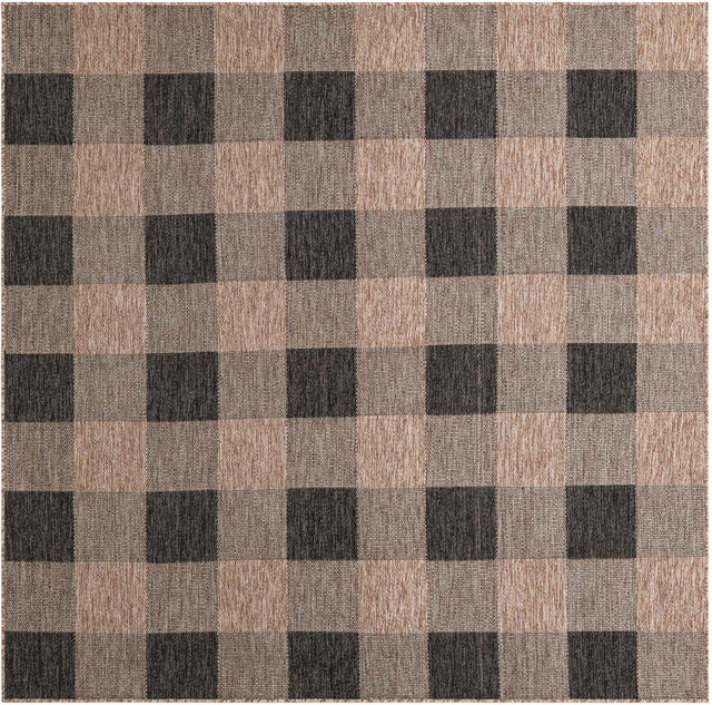 Black and Brown 7' 10 x 7' 10 Outdoor Checkered Square Area Rug Weather Resistant for Patio, Deck, Terrace, Balcony, Porch 100% Polypropylene Geometric Carpet for Sale at Rug Engine