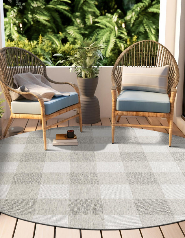 Gray 6' 1 x 6' 1 Outdoor Checkered Round Area Rug Weather Resistant for Patio, Deck, Terrace, Balcony, Porch 100% Polypropylene Geometric Carpet for Sale at Rug Engine