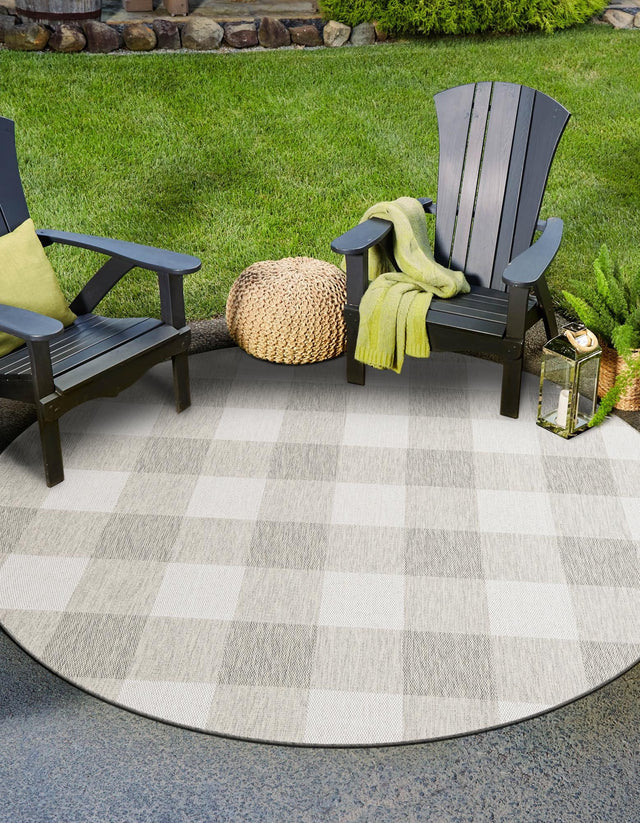 Gray 3' 1 x 3' 1 Outdoor Checkered Round Area Rug Weather Resistant for Patio, Deck, Terrace, Balcony, Porch 100% Polypropylene Geometric Carpet for Sale at Rug Engine