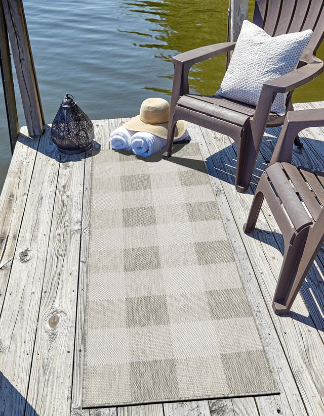 Gray 2' x 5' 3 Outdoor Checkered Runner Area Rug Weather Resistant for Patio, Deck, Terrace, Balcony, Porch 100% Polypropylene Geometric Carpet for Sale at Rug Engine