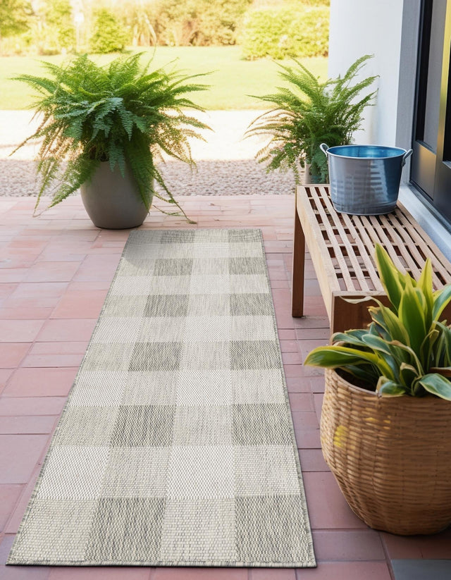 Gray 2' x 5' 3 Outdoor Checkered Runner Area Rug Weather Resistant for Patio, Deck, Terrace, Balcony, Porch 100% Polypropylene Geometric Carpet for Sale at Rug Engine