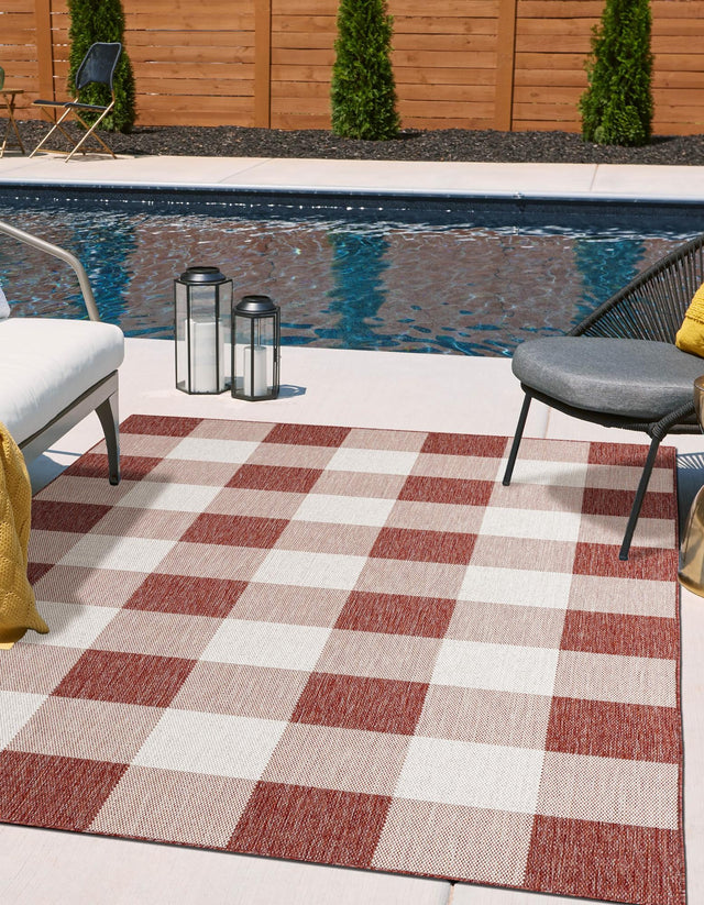 Red 6' 1 x 9' Outdoor Checkered Rectangle Area Rug Weather Resistant for Patio, Deck, Terrace, Balcony, Porch 100% Polypropylene Geometric Carpet for Sale at Rug Engine