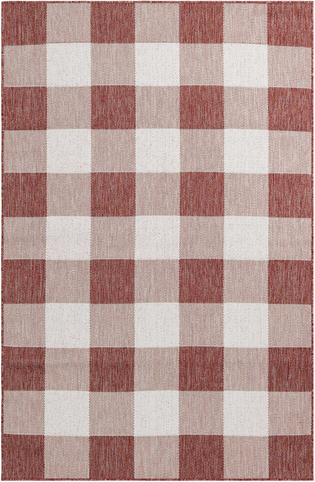 Red 5' 3 x 8' Outdoor Checkered Rectangle Area Rug Weather Resistant for Patio, Deck, Terrace, Balcony, Porch 100% Polypropylene Geometric Carpet for Sale at Rug Engine