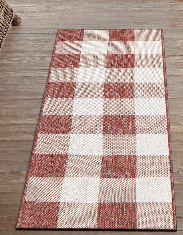 Red 2' x 6' 1 Outdoor Checkered Runner Area Rug Weather Resistant for Patio, Deck, Terrace, Balcony, Porch 100% Polypropylene Geometric Carpet for Sale at Rug Engine