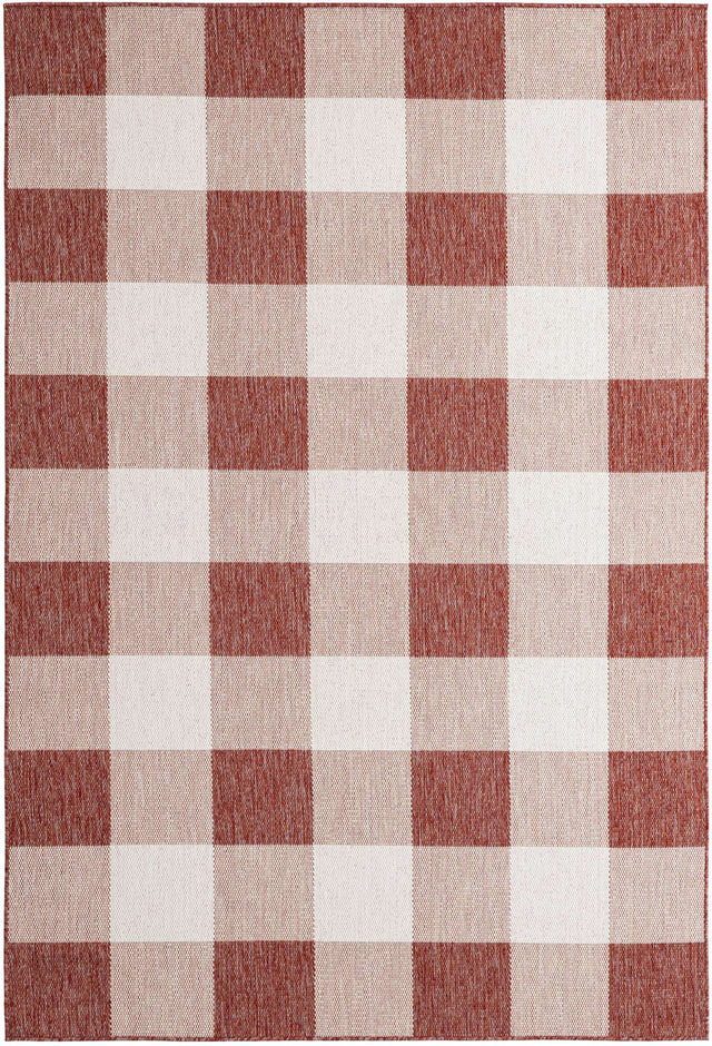 Red 6' 1 x 9' Outdoor Checkered Rectangle Area Rug Weather Resistant for Patio, Deck, Terrace, Balcony, Porch 100% Polypropylene Geometric Carpet for Sale at Rug Engine