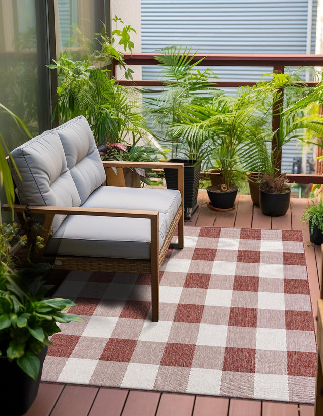 Red 10' x 10' Outdoor Checkered Square Area Rug Weather Resistant for Patio, Deck, Terrace, Balcony, Porch 100% Polypropylene Geometric Carpet for Sale at Rug Engine