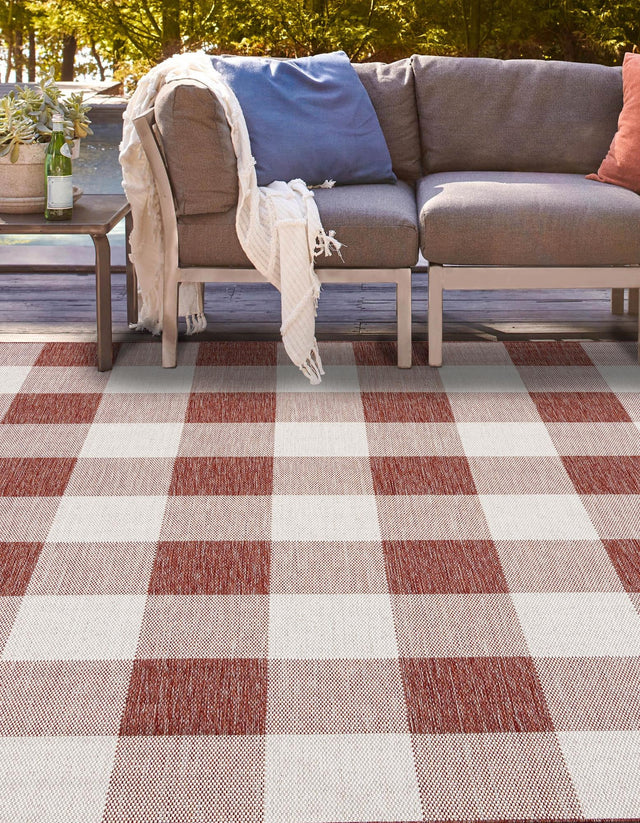 Red 7' 10 x 7' 10 Outdoor Checkered Square Area Rug Weather Resistant for Patio, Deck, Terrace, Balcony, Porch 100% Polypropylene Geometric Carpet for Sale at Rug Engine