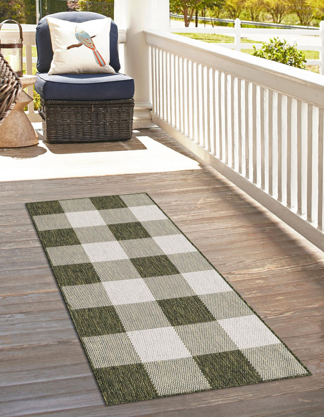 Green 2' x 8' Outdoor Checkered Runner Area Rug Weather Resistant for Patio, Deck, Terrace, Balcony, Porch 100% Polypropylene Geometric Carpet for Sale at Rug Engine