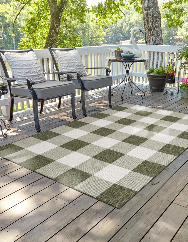 Green 9' x 12' Outdoor Checkered Rectangle Area Rug Weather Resistant for Patio, Deck, Terrace, Balcony, Porch 100% Polypropylene Geometric Carpet for Sale at Rug Engine