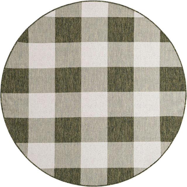 Green 6' 1 x 6' 1 Outdoor Checkered Round Area Rug Weather Resistant for Patio, Deck, Terrace, Balcony, Porch 100% Polypropylene Geometric Carpet for Sale at Rug Engine