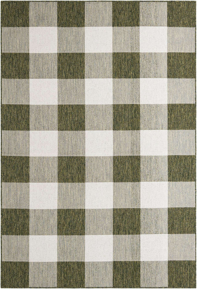 Green 6' 1 x 9' Outdoor Checkered Rectangle Area Rug Weather Resistant for Patio, Deck, Terrace, Balcony, Porch 100% Polypropylene Geometric Carpet for Sale at Rug Engine