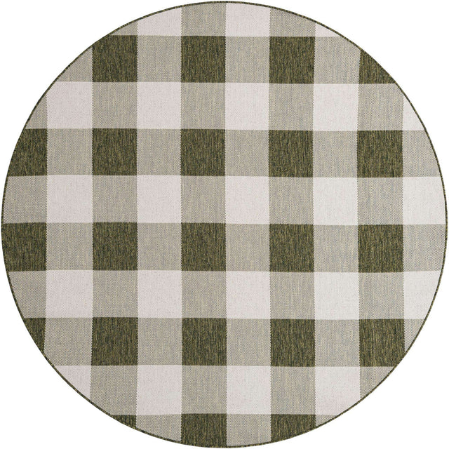 Green 7' 10 x 7' 10 Outdoor Checkered Round Area Rug Weather Resistant for Patio, Deck, Terrace, Balcony, Porch 100% Polypropylene Geometric Carpet for Sale at Rug Engine