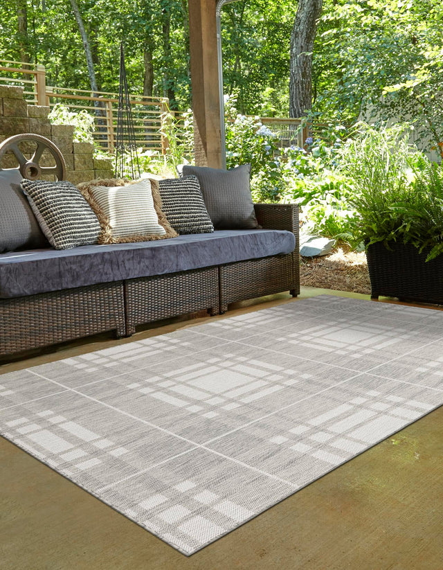Gray 6' 1 x 9' Outdoor Checkered Rectangle Area Rug Weather Resistant for Patio, Deck, Terrace, Balcony, Porch 100% Polypropylene Geometric Carpet for Sale at Rug Engine