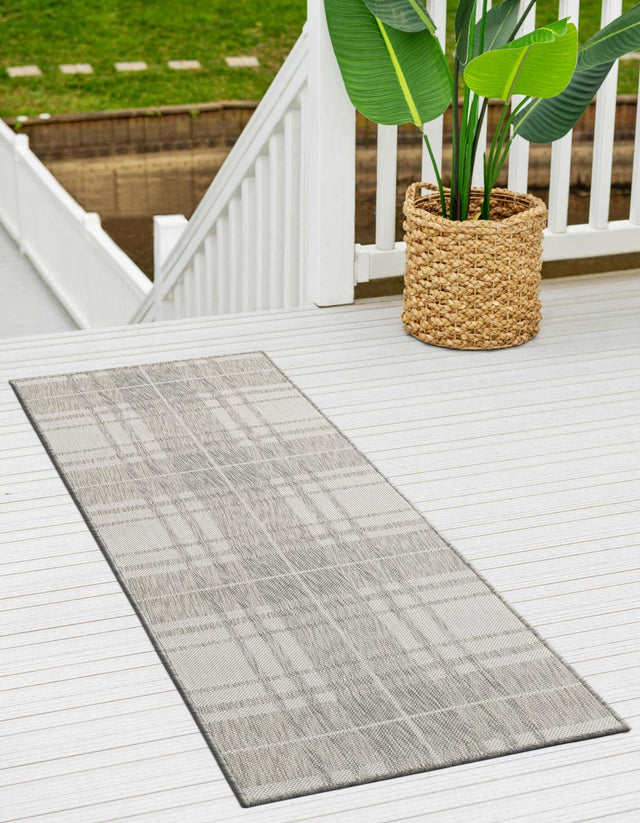 Gray 2' 7 x 12' Outdoor Checkered Runner Area Rug Weather Resistant for Patio, Deck, Terrace, Balcony, Porch 100% Polypropylene Geometric Carpet for Sale at Rug Engine