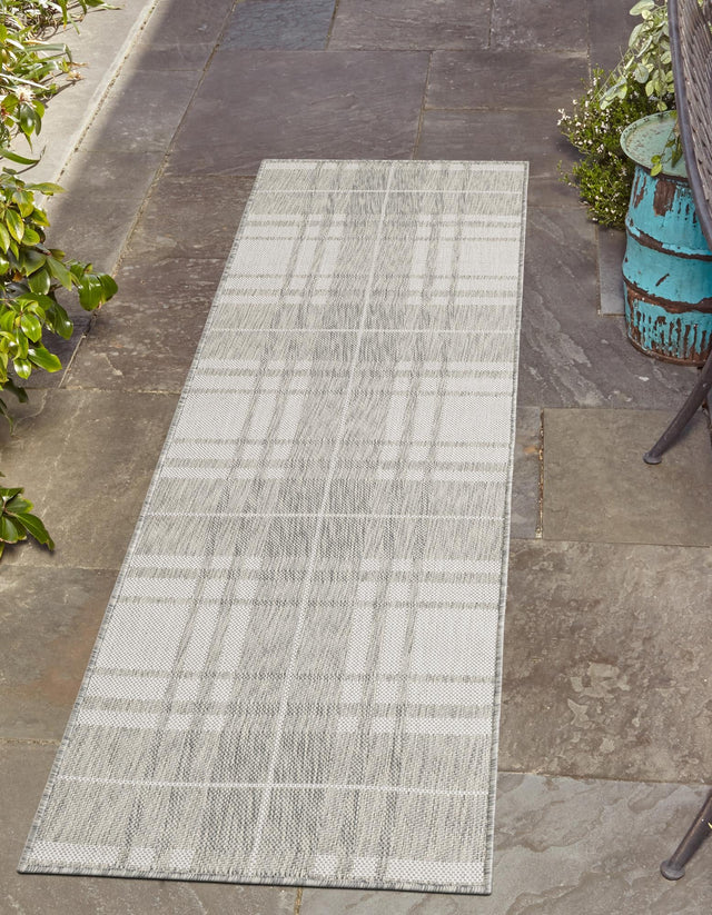 Gray 2' 7 x 12' Outdoor Checkered Runner Area Rug Weather Resistant for Patio, Deck, Terrace, Balcony, Porch 100% Polypropylene Geometric Carpet for Sale at Rug Engine