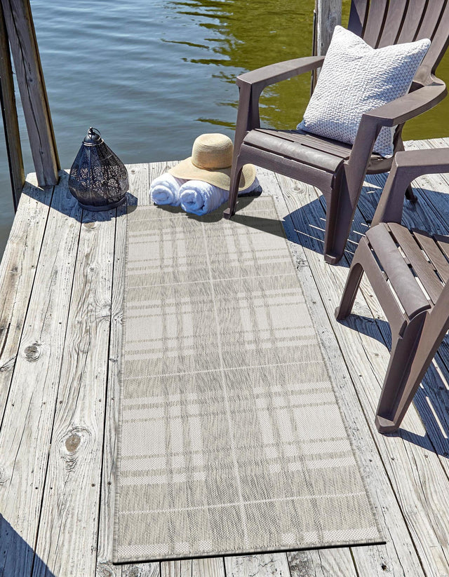 Gray 2' x 6' 1 Outdoor Checkered Runner Area Rug Weather Resistant for Patio, Deck, Terrace, Balcony, Porch 100% Polypropylene Geometric Carpet for Sale at Rug Engine