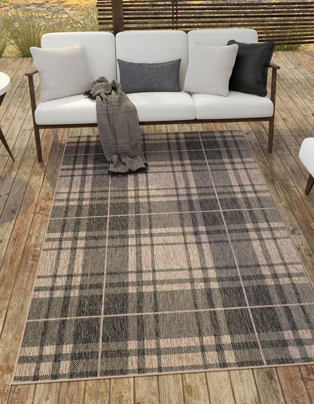 Black and Brown 7' 10 x 10' Outdoor Checkered Rectangle Area Rug Weather Resistant for Patio, Deck, Terrace, Balcony, Porch 100% Polypropylene Geometric Carpet for Sale at Rug Engine
