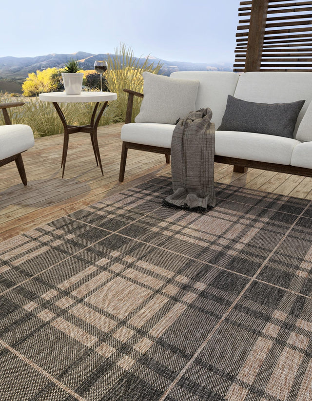 Black and Brown 7' 10 x 10' Outdoor Checkered Rectangle Area Rug Weather Resistant for Patio, Deck, Terrace, Balcony, Porch 100% Polypropylene Geometric Carpet for Sale at Rug Engine