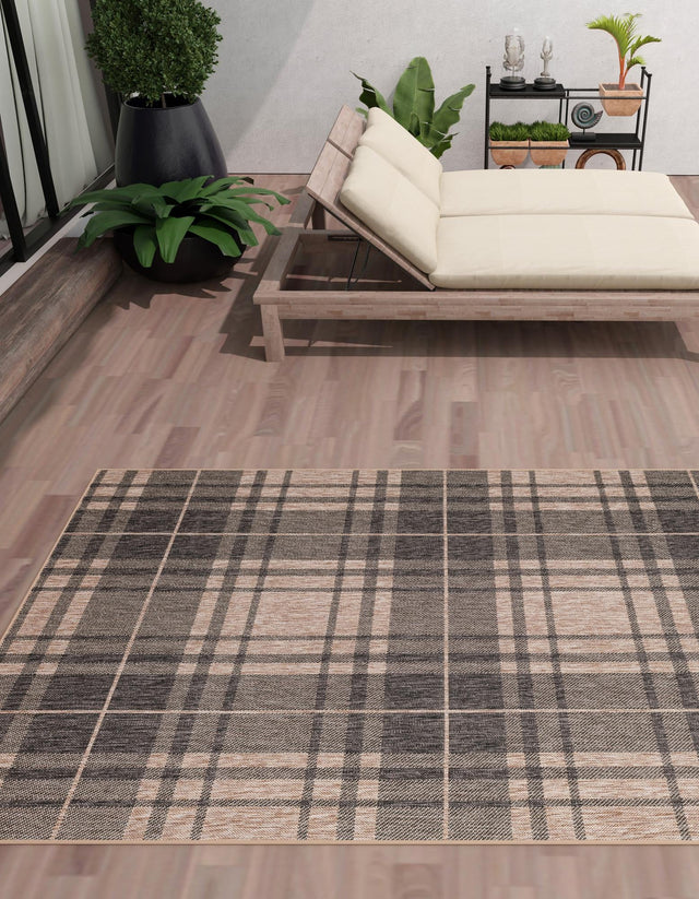 Black and Brown 7' 10 x 10' Outdoor Checkered Rectangle Area Rug Weather Resistant for Patio, Deck, Terrace, Balcony, Porch 100% Polypropylene Geometric Carpet for Sale at Rug Engine